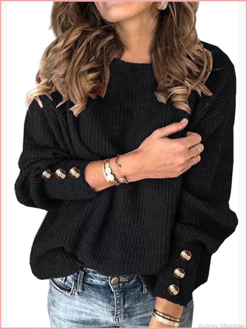 Batwing Long Sleeve Crewneck Pullover Sweater with Buttons Loose Knit Top